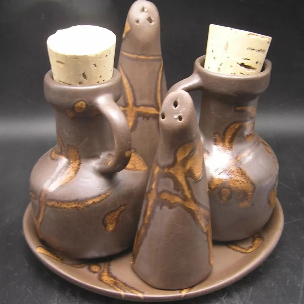60s Laurentian Pottery Canada 5 pc Cond. Set, Oil, Vinegar, S & P, Tray,